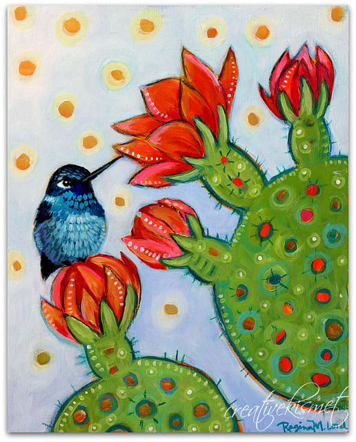 Stillness, Hummingbird with Cactus Blooms - Art by Regina Lord