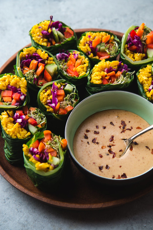 Collard Green Rainbow Rolls with Turmeric Rice and Spicy Peanut Dipping Sauce | Will Cook For Friends