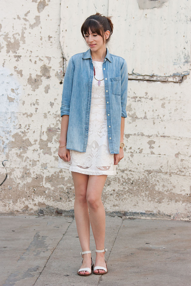 J.Crew Chambray Shirt, White Dress, History and Industry necklace, Madewell Sandals