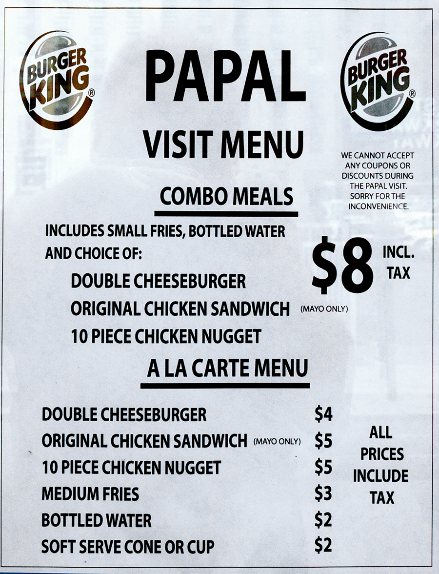 PAPAL VISIT MENU at Burger King--Center City (detail)