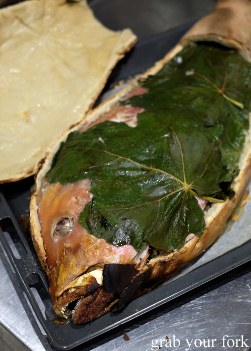 Baked red emperor wrapped in fig leaves and salt dough at our Stomachs 11 Christmas dinner 2016