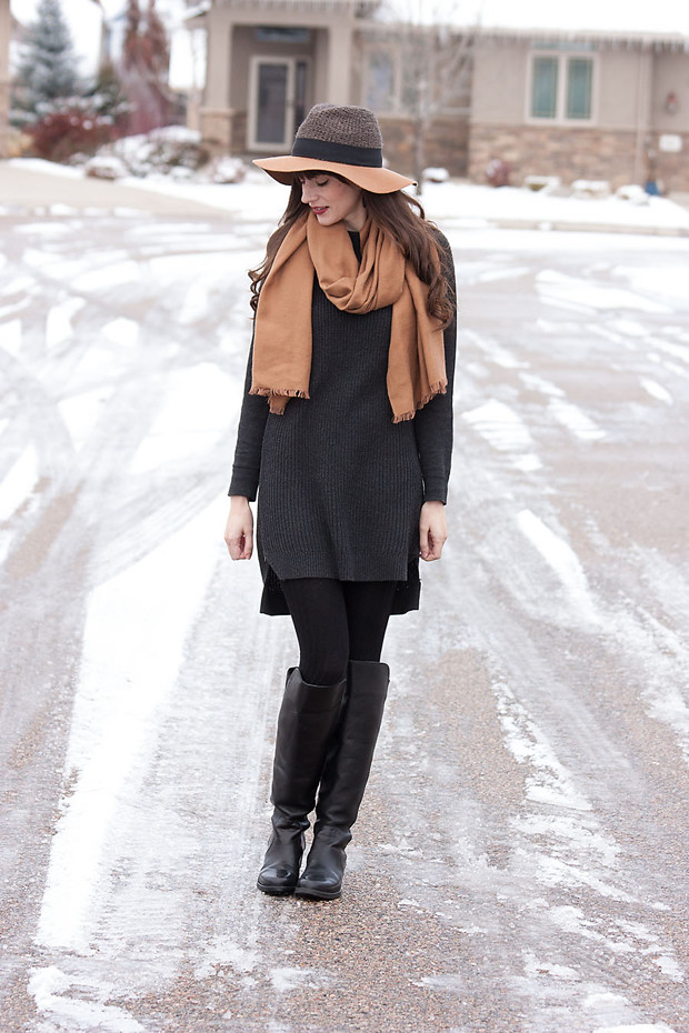 Grey Sweater Tunic, ShoeMint Boots, Camel Scarf, Anthropologie Hat, Neutral Winter Outfit