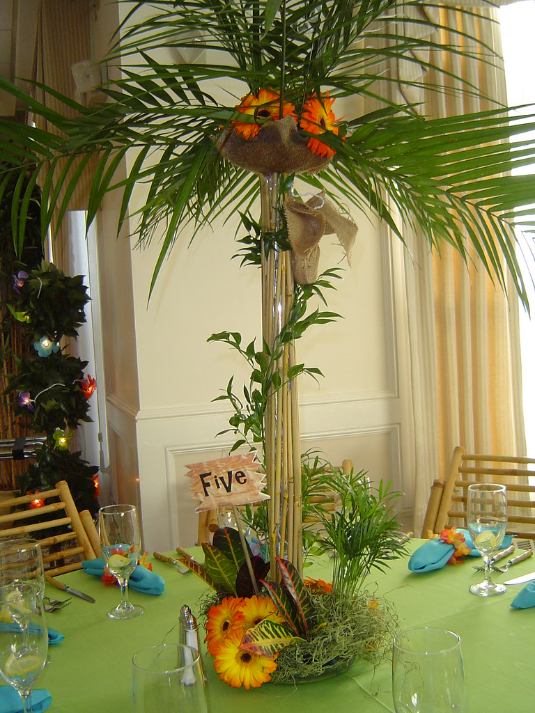 Luau themed centerpiece-palm tree table-floral | Bonnie Gold | Flickr