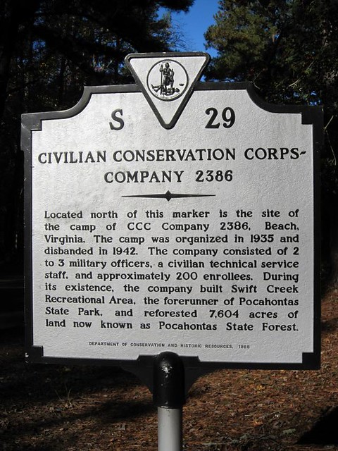 Roadside marker commemorating the history of the Civilian Conservation Corps Camp 2386 at Pocahontas State Park in Virginia