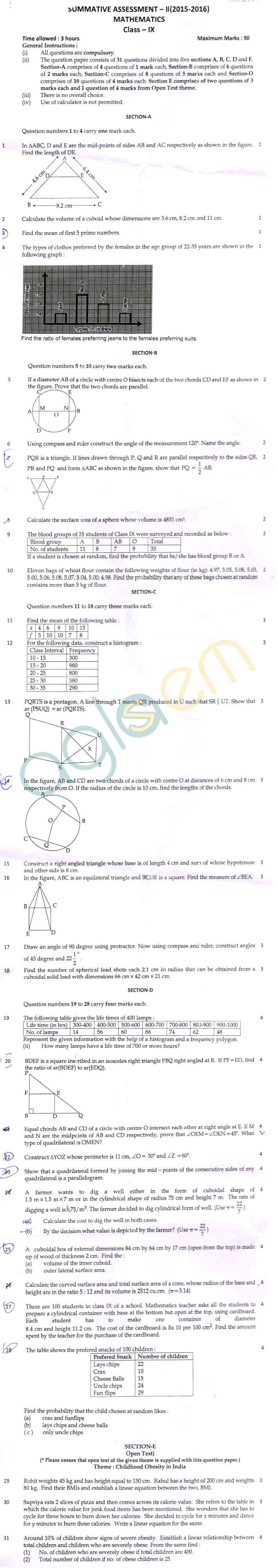 CBSE Class 09 Question Papers Maths SA2