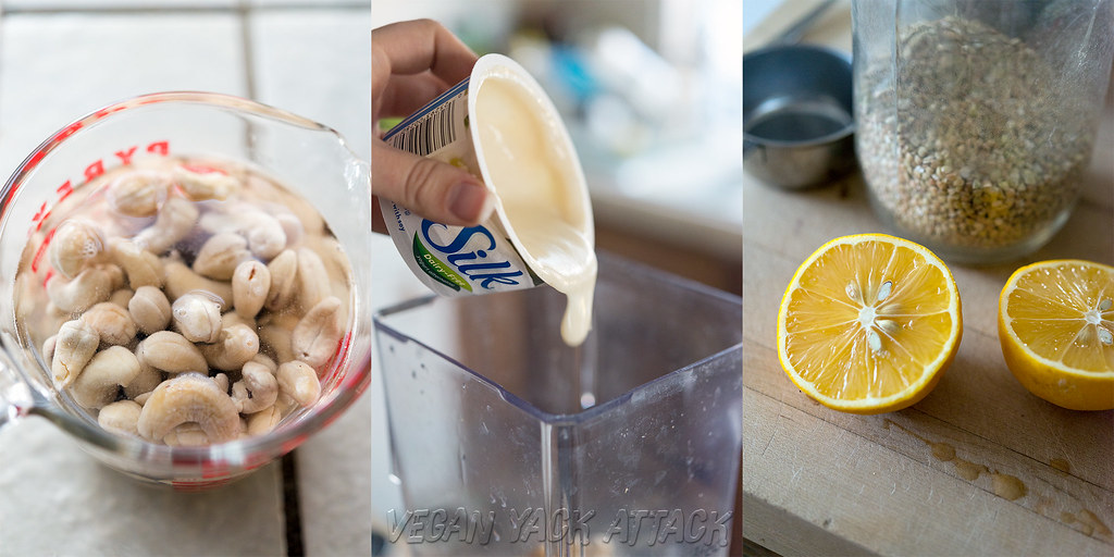 image collage of raw cashews soaking, vegan yogurt, and lemon halves