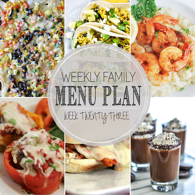 Weekly Family Menu - featuring 5 dinner ideas, a weekend breakfast, and a delicious dessert!