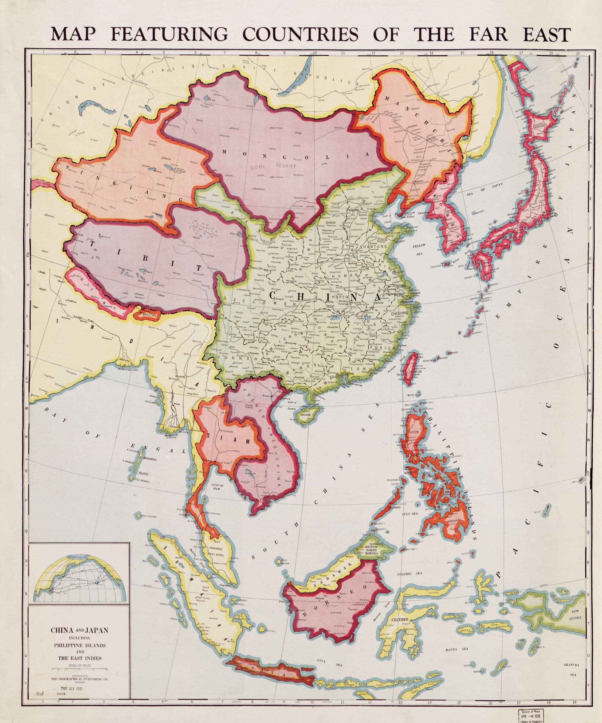 Map featuring countries of the Far East (1932) - Vivid Maps