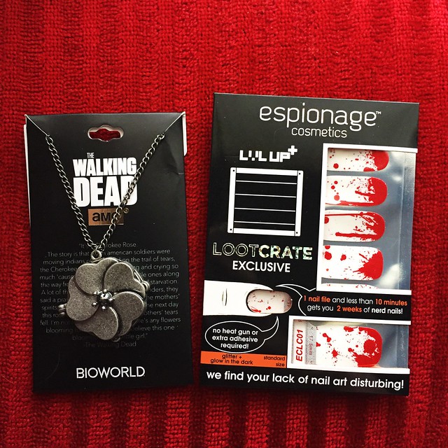 level-up-loot-crate-the-walking-dead-necklace-bioworld-espionage-cosmetics-nail-wraps-geek-fashion-subscription-service