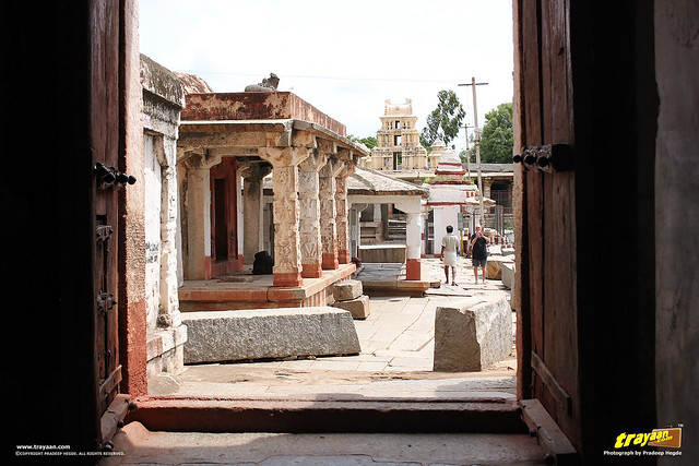 A view from Northern entrance/exit tower pathway towards Tungabhadra river at Virupaksha Temple complex, Hampi, Karnataka, India