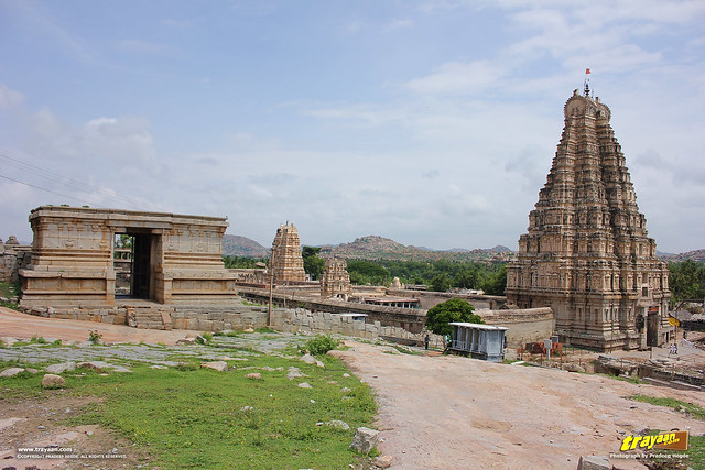 A view of Virupaksha Temple complex and entrance to Hemakuta Temples over the Hemakuta Hill in Hampi, Karnataka, India