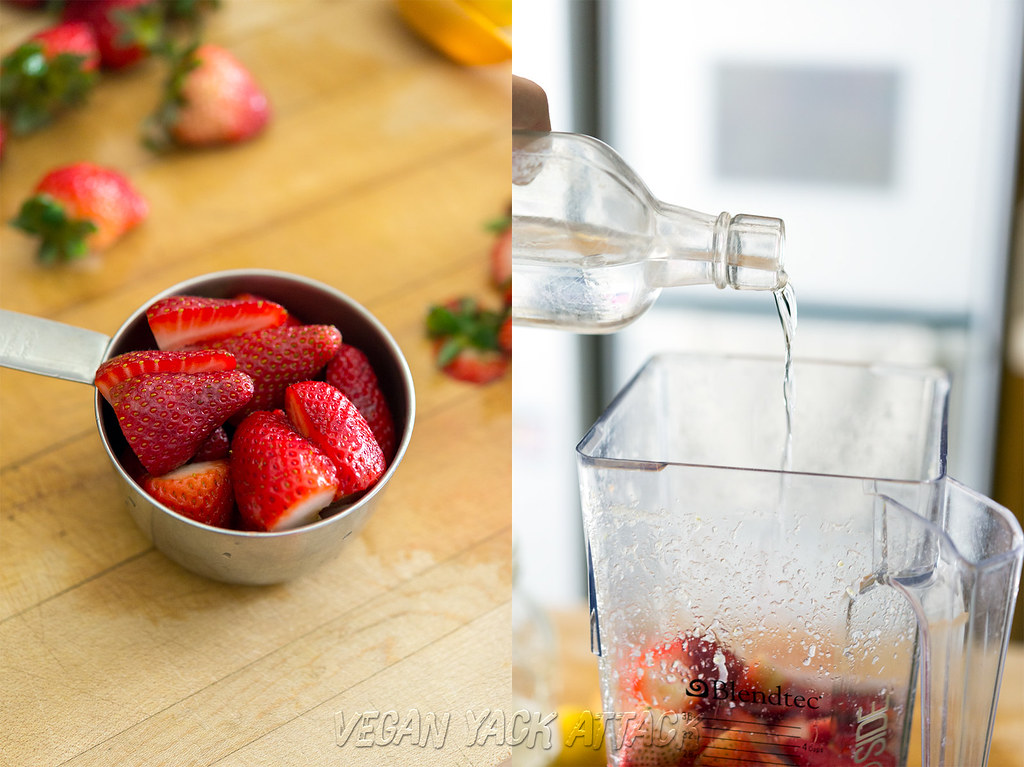 image collage of strawberries and gin being poured into a blender