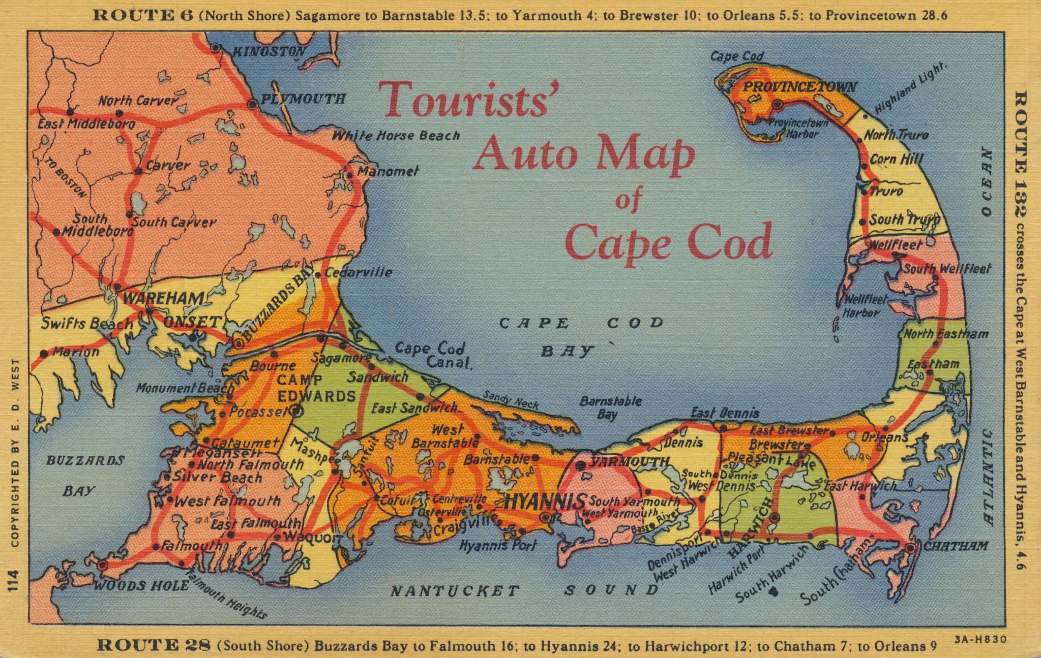 Tourists' Auto Map of Cape Cod - E. D. West Company - 1933