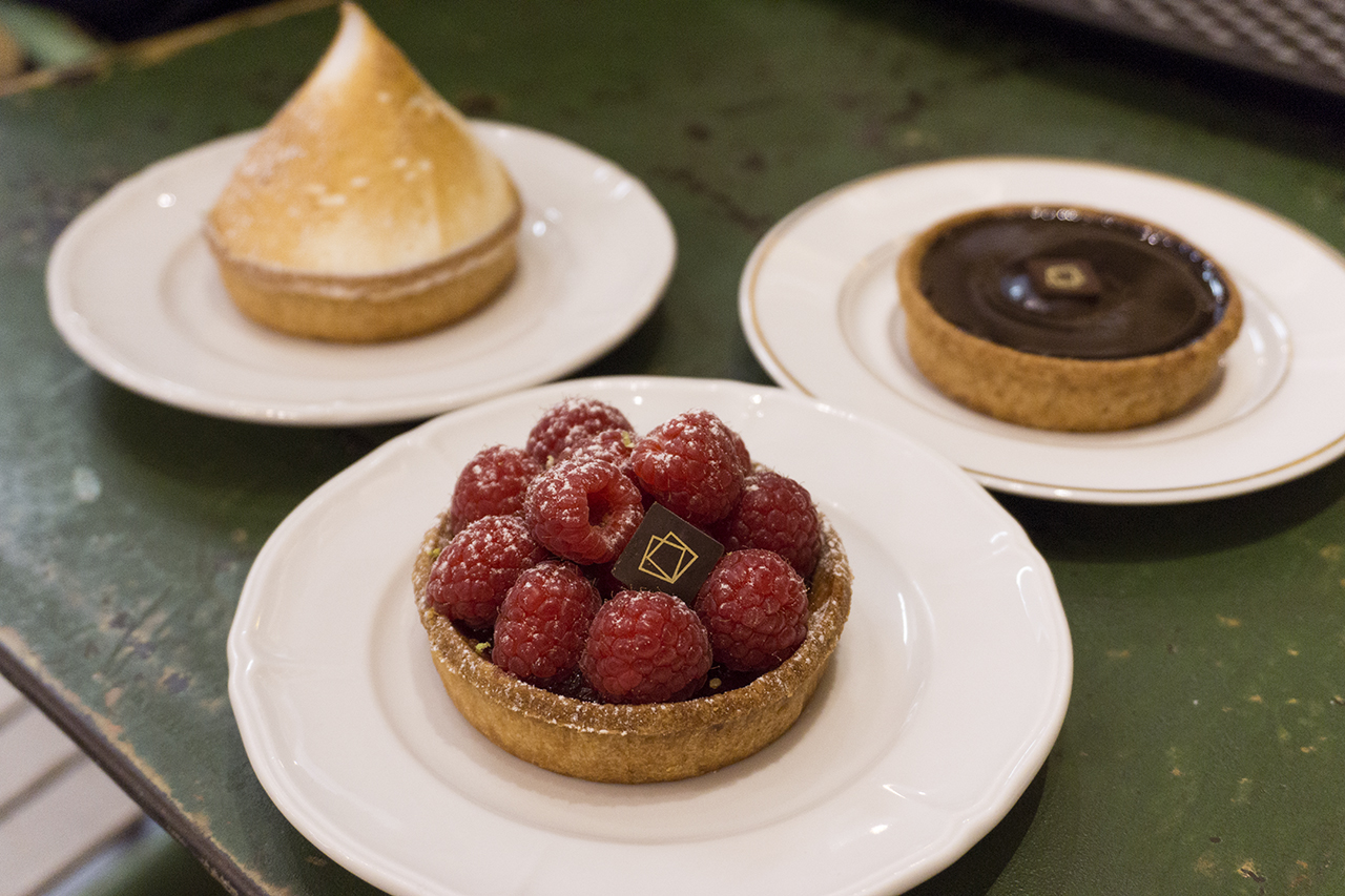 Gluten free lemon meringue, raspberry and chocolate tarts from Boulangerie Chambelland in Paris