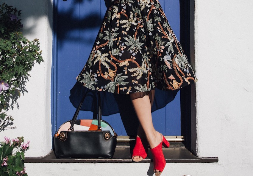 Stephanie Liu of Honey & Silk wearing Reformation Dress, Coach 1941 Outlaw Satchel, and Charlotte Stone Mules