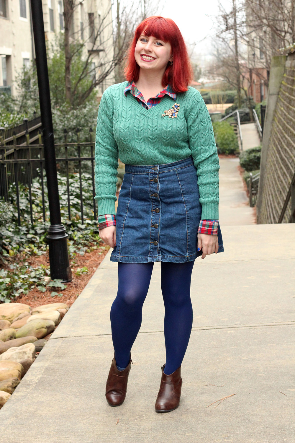 Outfit: Seafoam Cable Knit Sweater over a Flannel Top, Denim ...
