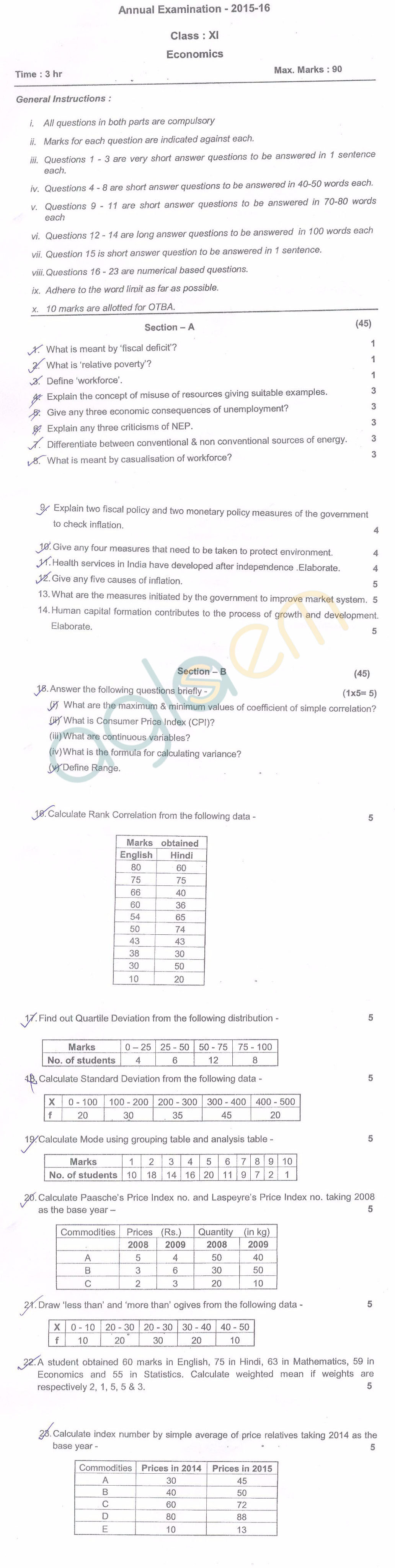 CBSE Class 11 Annual Exam Question Papers – Economics