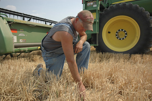 Douglas Poole kneeling in front of his tractor