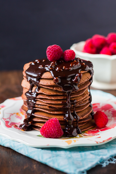 Texas Chocolate Sheet Cake Pancakes with Fudge Frosting