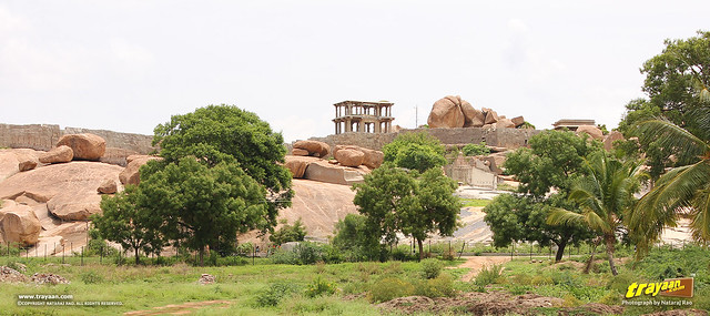Walls and pavillions near Lakshmi Narasimha monolith, Hampi, Ballari district, Karnataka, India