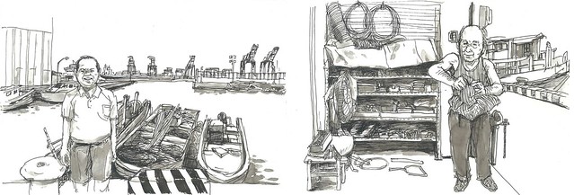 （左）藉破港商機成功翻身的郭水發、（右）製作漁用網具的莊碧飛。繪圖、圖片來源：李怡志。