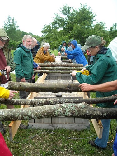 Workshop participants inoculating logs for forest grown shiitake mushroom production