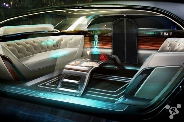 Bentley luxury car of the future Interior perspective: drone/holographic Butler