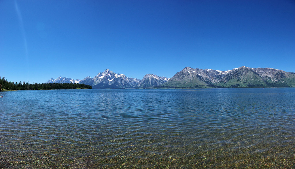 Crystal clear Jackson Lake, Grand Teton National Park, Wyoming, July 20, 2010 (Thee Pentax K10D photos blended using Autostitch)
