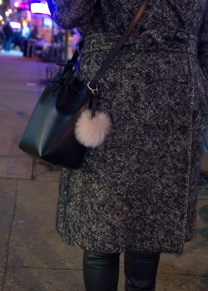 winter outfit details - wearing a burberry wool trench coat, helmut lang leggings and a mansur gavriel mini bucket bag