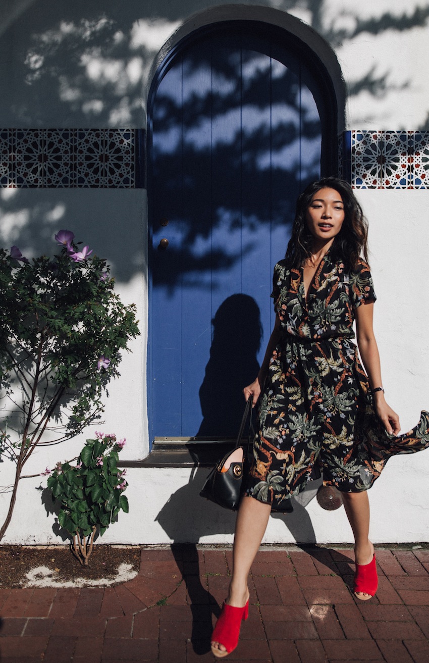 Stephanie Liu of Honey & Silk wearing Reformation Dress, Coach 1941 Outlaw Satchel, and Charlotte Stone Mules