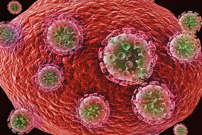 Computer-generated image of a human immune cell surrounded by HIV