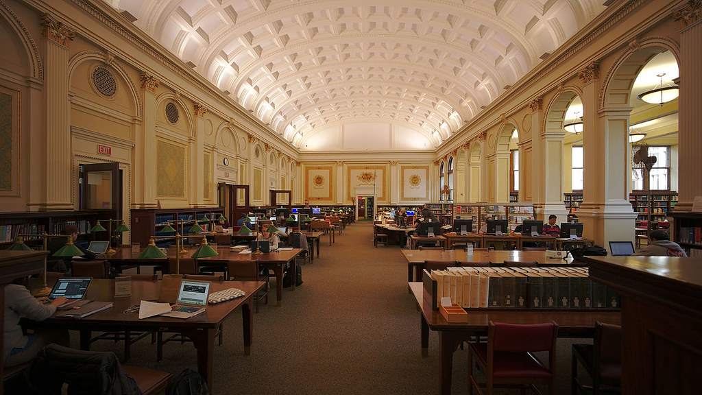 Interior of the main branch of Carnegie Library of Pittsburgh, a public library in Pittsburgh. The main library opened in 1895 and was funded by steel magnate Andrew Carnegie.
