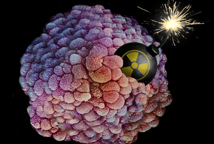 Artist visualization of a miniature nuclear bomb attached to a cancer cell