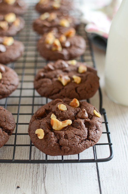 Cake Mix Fudge Cookies - fudge chocolate cookies filled with chocolate chips and walnuts! And they're so easy because they start with a boxed cake mix. 