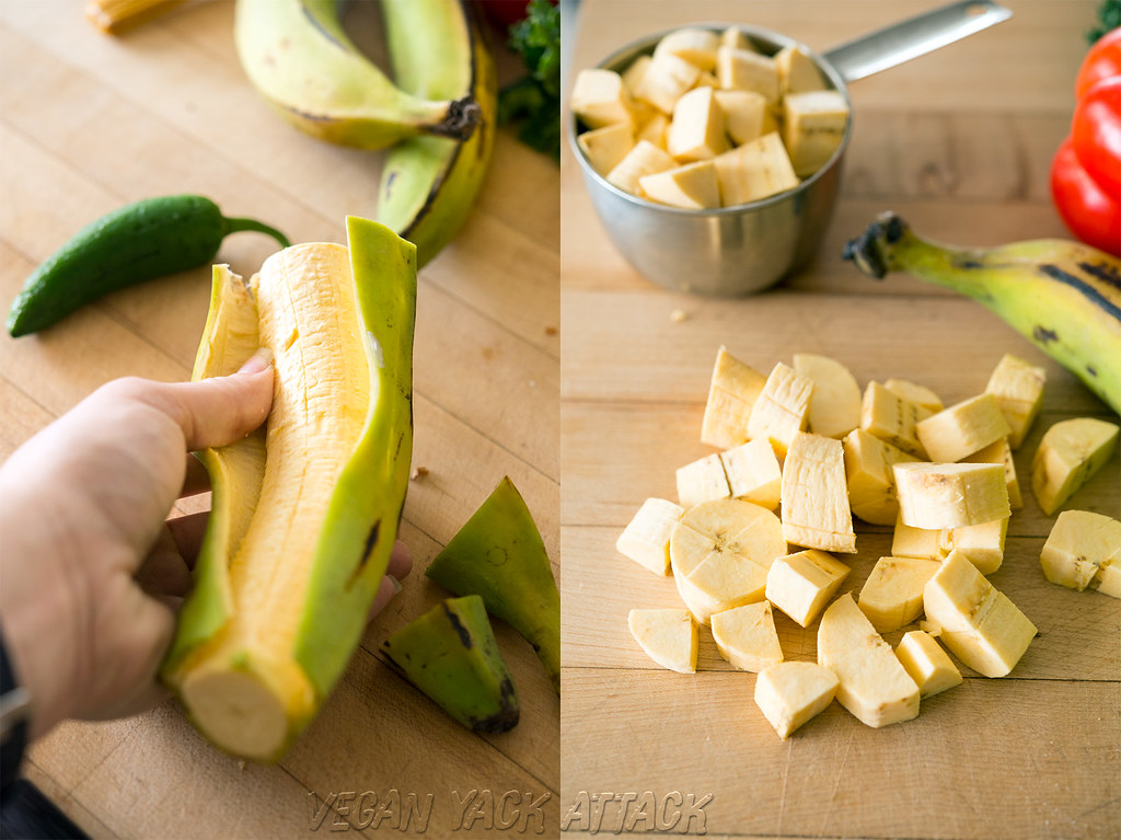 Green Plantains being peeled and prepared