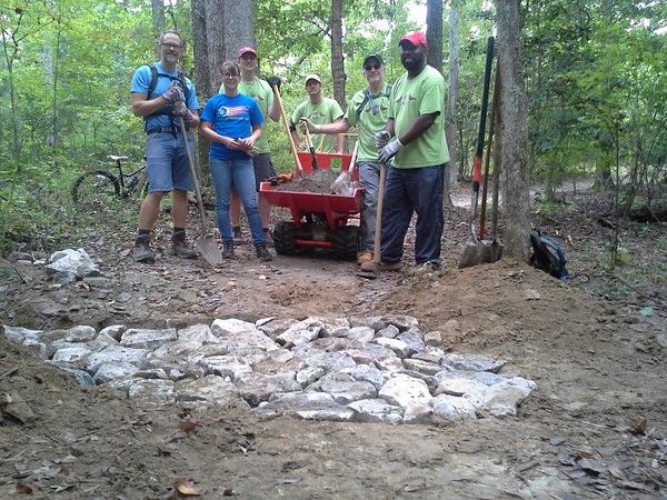 Friends group members work on the new mountain biking trails at Pocahontas State Park, Virginia