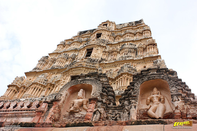 A view of the northern gopura (tower) path that leads to the tungabhadra river banks at Virupaksha Temple complex, Hampi, Karnataka, India