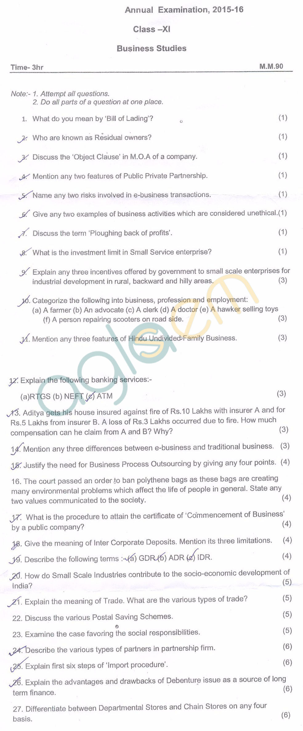 CBSE Class 11 Annual Exam Question Papers – Business Studies