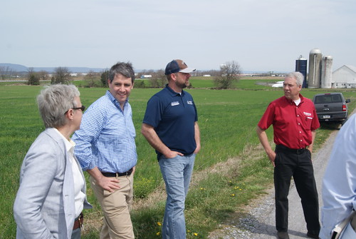 (From left) Pennsylvania Department of Agriculture Deputy Secretary Hannah Smith-Brubaker, USDA Risk Management Agency Associate Administrator Tim Gannon, Jason Forrester and Tony Forrester talking about crop insurance