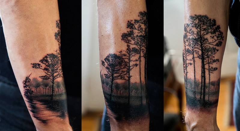 Three views of the finished longleaf pine savannah tattoo