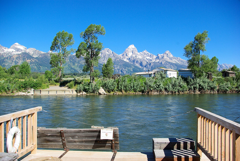 On board Menor’s Ferry, looking across the Snake River towards Bill Menor’s cabin and store, Grand Teton National Park, Wyoming