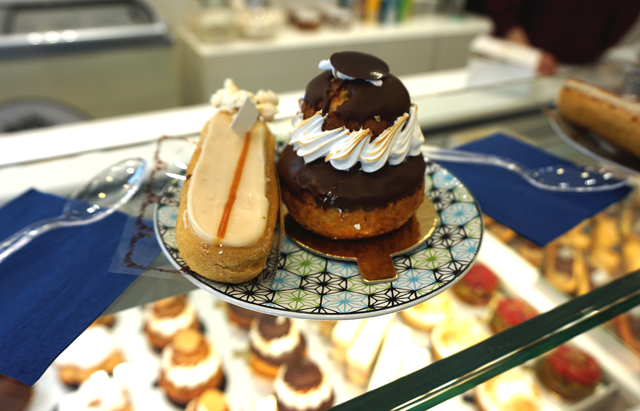 Gluten free salted caramel eclair and chocolate profiterole cake from Helmut Newcake in Paris