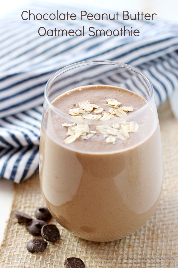 Chocolate Peanut Butter Oatmeal Smoothie in a glass with chocolate chips.