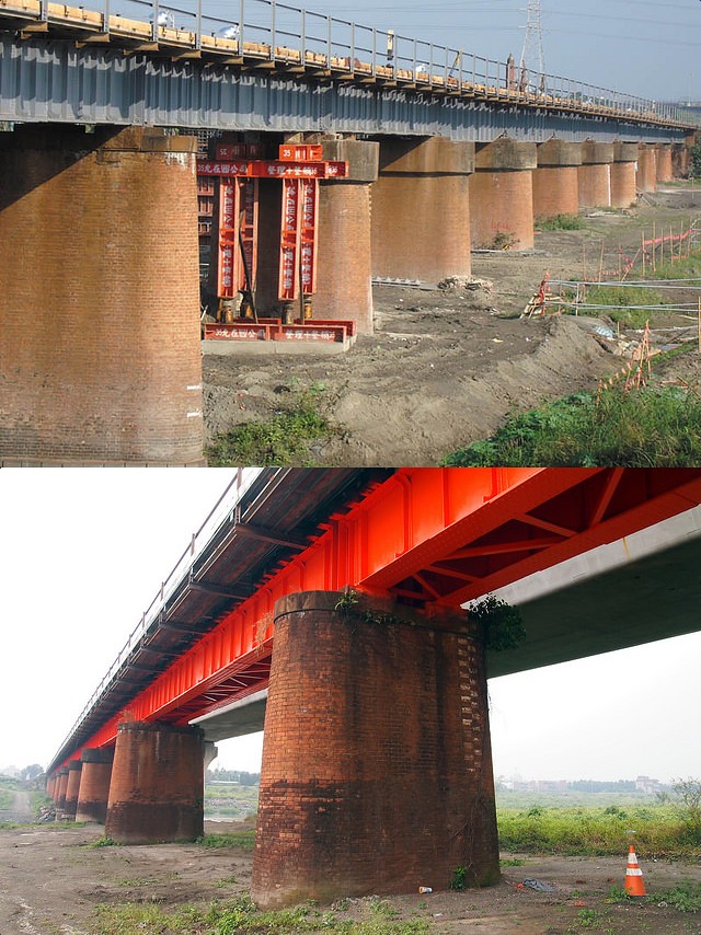 東港溪百年鐵橋本為鐵灰色（上圖），後遭屏東縣工務處噴漆成鮮紅色（下圖）。攝影：李育琴。後製：環境資訊中心。