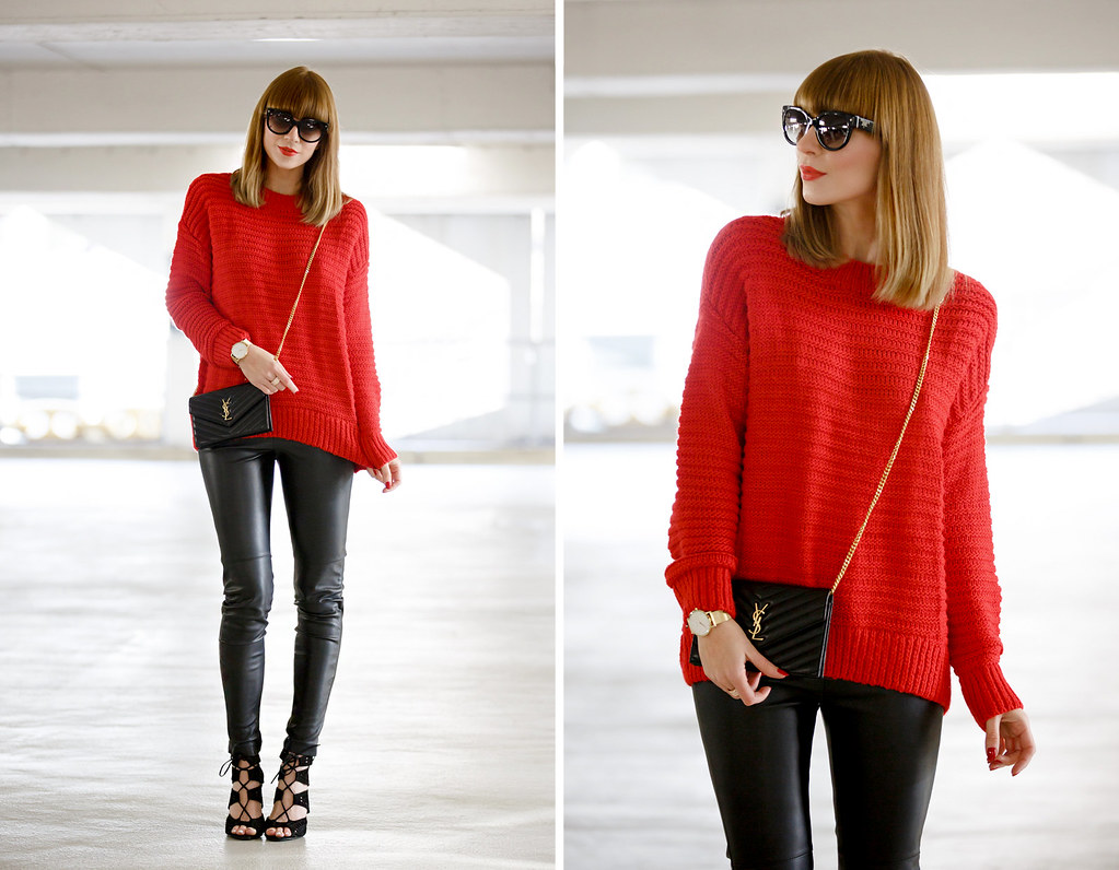 red pullover black leather pants golden details rosefield watch ...