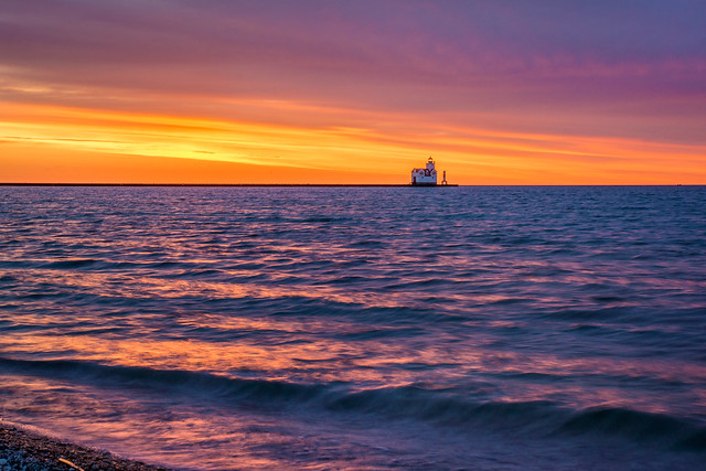Sunrise, Sunset, Lake Michigan, Water, Waves, Pastel, Lighthouse