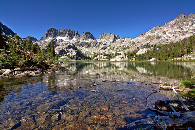 A lake lying below the Minarets in the Ansel Adam Wilderness Inyo National Forest