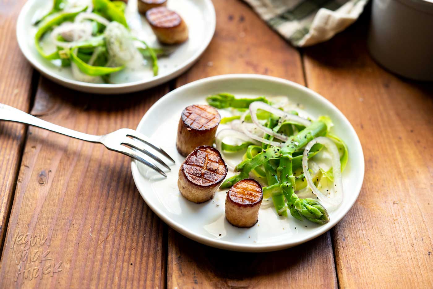 Incredible, vegan, King Oyster Scallops, made from King Oyster Mushrooms! Recipe from The Wicked Healthy Cookbook, and makes for an impressive appetizer.