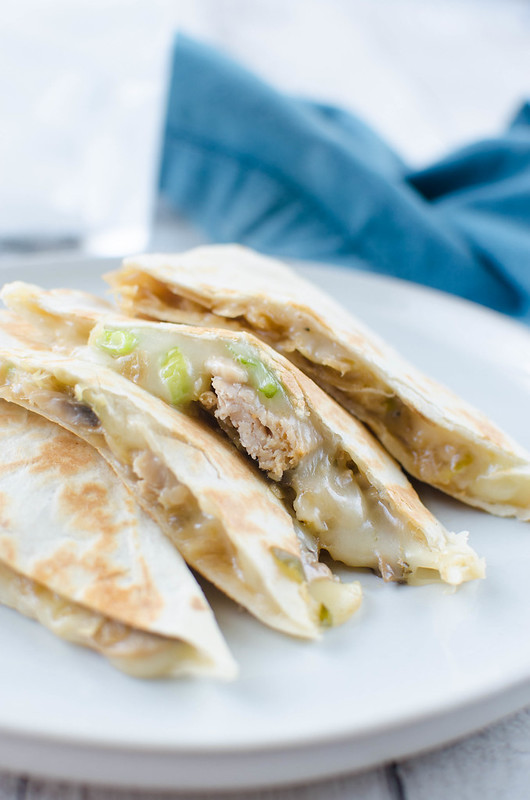 Mu Shu Pork Quesadillas - grilled flour tortillas filled with slow cooked pork, cabbage, mushrooms, green onions, a hoisin sauce, and lots of Monterey Jack cheese!