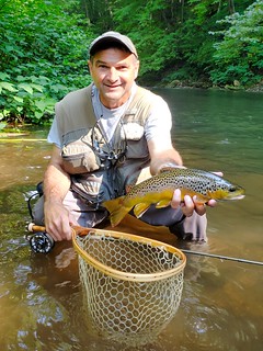 Photo of Man holding brown trout in stream